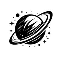 Black and white minimalist illustration of a planet with rings, stars, and celestial bodies on a white backdrop. vector