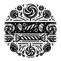 Intricate monochrome circular design, featuring various candies like lollipops, swirl candies, and hard candies, elegantly arranged in a symmetrical pattern with decorative elements. vector
