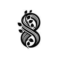 Ornate Black White Design Number Intertwined with Stylized Vines and Leaves on White Background. vector