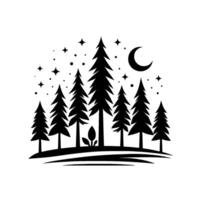 Silhouetted Evergreen Forest Under a Crescent Moon and Starry Night Sky in Minimalist Black and White Design. vector