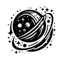 Intricate Black and White Cosmic Illustration A Ringed Planet with Celestial Bodies Surrounded by Stars and Satellites in a Minimalist Style. vector