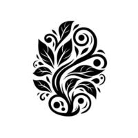 Elegant Black and White Floral in an Oval Shape Featuring Leaves, Swirls, and Dots, Symbolic of Growth and Harmony. vector