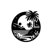 Black and White Silhouette of Tropical Paradise Palm Trees, Ocean, Island, and Moon in Circle. vector
