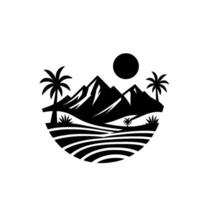 Minimalist Black and White Landscape Mountains, Palm Trees, Sun, and Striped Foreground Within a Circular Frame. vector
