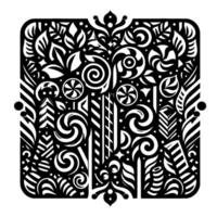Intricate Black and White Floral and Geometric Pattern within Rounded Square, featuring Swirls, Leaves, and Architectural Elements. vector