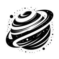 Striking Black and White Illustration of a Planetary Body with Ring System, Stars, and Dotty Cosmic Elements, Isolated on White. vector