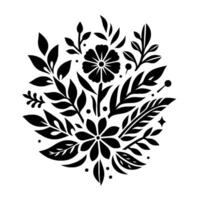 A stylized monochrome floral arrangement, with leaves and blossoms, composed in a circular pattern, set on white background. vector