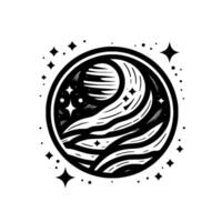 A stylized, minimalist black and white illustration of a celestial scene within a circle, featuring a crescent moon, waves, and stars. vector