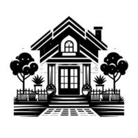 Stylized black and white illustration of a classic American home with a garden, trees, and a pathway, conveying a tranquil residential atmosphere. vector