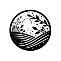 Minimalist monochrome circular nature scene with stylized fields, plants, moon, and dotted details. vector