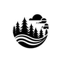 Black and white minimalist circular featuring stylized evergreen trees, rolling hills, and clouds, evoking natures tranquility. vector