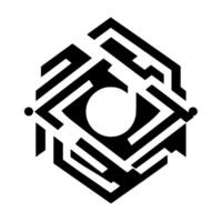 Abstract Black and White Hexagon Mazelike Pattern Surrounding a Circular Void with Dot Accents. vector