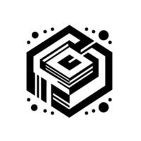Isometric Hexagon Structure with layered geometric cube and scattered dot accents, monochrome on white. vector