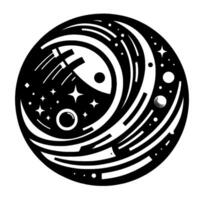 A stylized blackandwhite circular illustration featuring a rocket ship, planets, and stars traversing swirling space elements. vector
