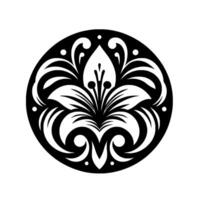 Intricate Black and White Floral Mandala in a Circular Frame, Featuring a Lily with Elegant Swirls and Dots. vector