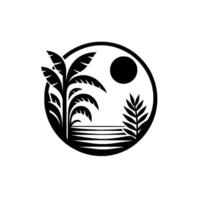 Tropical Silhouette Palm Tree, Sun, and Flora Within a Circular Black Frame Against White, Minimalist Aesthetic. vector