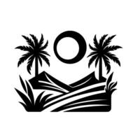 Minimalist Black and White Landscape with Palm Trees, Mountains, Sun, and Geometric Field Lines. vector