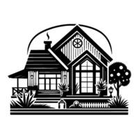 A Stylized Black and White Illustration of a Charming Cottage with a Porch, Lush Garden, and Decorative Elements. vector