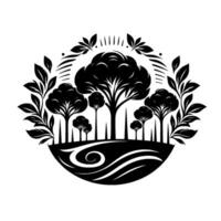 Stylized black and white emblem depicting a circular landscape with various trees, foliage, and a serene, river element. vector
