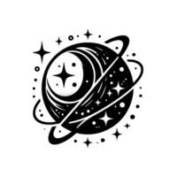 Black and White Celestial Illustration Starry Planet with Crescent, Stars, and Orbits, a Cosmic Dreamscape. vector