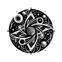 Cosmic Mandala Intricate black and white depicting celestial bodies, swirls, stars, and geometric patterns within a circular composition. vector