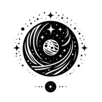 Celestial Orb A stylized black and white illustration of a cosmic sphere adorned with stars, planets, and swirling energy. vector