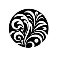 Monochromatic Floral Ornament A symmetrical composition of stylized, flowing, white foliage against a black circular backdrop, evoking a sense of elegance. vector