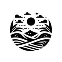 Monochrome Circular Landscape Stylized fields, rolling hills, sun, clouds, star, and vegetation in a minimalist design. vector