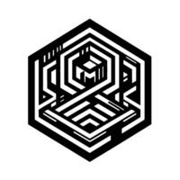 Abstract black and white geometric within a hexagon, featuring nested shapes, lines, and a mazelike structure suggesting depth and complexity. vector