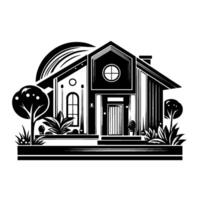 Stylized Black and White House Illustration, Featuring Geometric Architecture, Landscaping, and a Circular Window Over the Front Door, Illustrative Style. vector