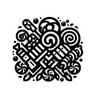 A Stylized, Geometric Black and White Illustration of Assorted Candies, Lollipops, and Sweets Arranged in a Circular Pattern on White Background. vector