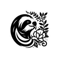 Whimsical Black and White Sloth Surrounded by Floral and Foliage, Composed in a Stylized, Circular Arrangement. vector