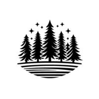 Silhouette of Evergreen Trees and Stars A Black and White Forest Landscape Inside a Circle. vector