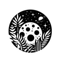Celestial Garden A minimalist black and white illustration depicting a moonfilled cosmos intertwined with botanical elements in a circular frame. vector