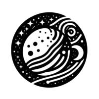 Monochrome, stylized cosmic scene in a circular frame featuring a planet with spots, wavy lines, stars, and moons. vector