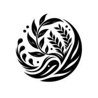 Elegant Black and White Circular Botanical Featuring Leaves, Water Droplets, and Decorative Lines, Suggesting Balance and Harmony. vector