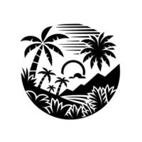 Monochromatic, circular illustration of a tropical sunset with stylized palm trees, mountains, and vegetation in a clean, aesthetic. vector