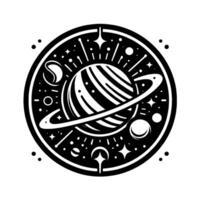 Black and white circular featuring Saturnlike planet with rings, surrounded by stars, planets, and celestial elements. vector