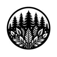Black and White Circular Illustration Featuring a Forest Scene with Evergreen Trees and Leafy Plants vector