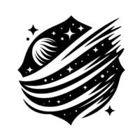 Abstract Monochrome Illustration Celestial Shield with a Palmlike Orb, Streaming Lines, Stars, and a Dot Pattern. vector