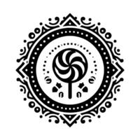 Black and white symmetrical lollipop set within a decorative circular border and ornate pattern with a vintage aesthetic. vector