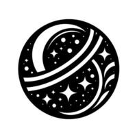 Black and White Cosmic Emblem A stylized circular with stars, planets, and abstract celestial elements. vector