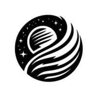 Stylized Black and White Celestial Design An Orbital Sphere with Starry Sky and Abstract Feathered Elements. vector