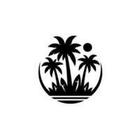 Silhouette of Tropical Paradise Palm Trees, Sun, and Vegetation Enclosed Within a Circle, Depicting a Serene Beach Vibe. vector