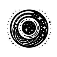 Stylized monochrome cosmic illustration featuring a black and white celestial body with spiraling patterns, stars, and dots creating an outer space theme. vector
