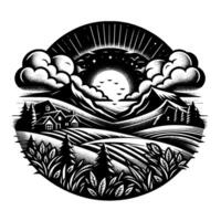 Black and white circular illustration of a serene rural landscape featuring cabins, fields, mountains, a stylized sun, clouds, and trees under a starry sky. vector