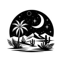 Silhouette Desert Night Crescent Moon, Palm, Cacti, and Starry Sky Within a Circular Frame, Black and White Graphic. vector