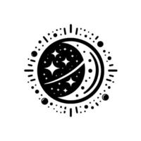 Black and White Celestial Emblem Crescent Moon, Stars, and Dotted Ring Composition on a Clean White Background. vector