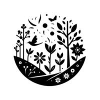 A serene, stylized black and white depiction of a vibrant garden within a circular frame, featuring a flying bird, flora, and fauna elements. vector