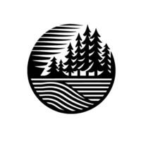 Serene Black White Circular Emblem Evergreen Forest, Lake, Sky Depicted in Striking Minimalist Design. vector